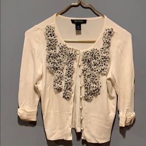 NWOT WHBM white cardigan with flower detail, size XS